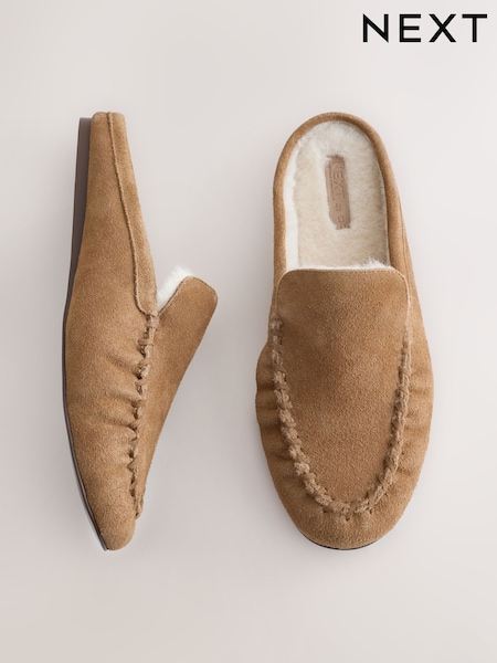 بني فاتح بني - Forever Comfort® Suede Leather Borg Lined Mules