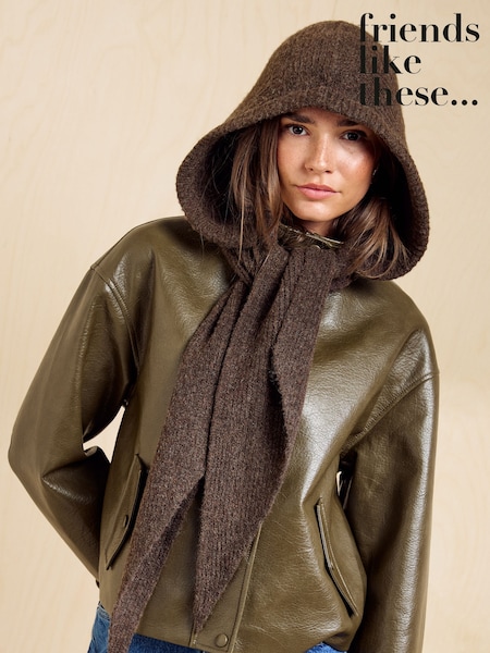 Brown - Friends Like These Cosy Ribbed Hooded Scarf