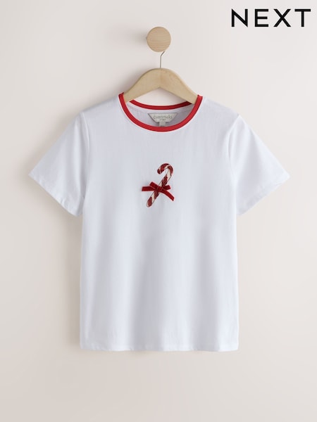 Ecru Christmas - Candy Cane Graphic Ringer Short Sleeve T-shirt