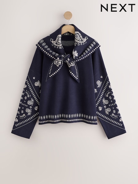 Marineblau/blau - Paisley Scarf Detail Knit Look Jumper