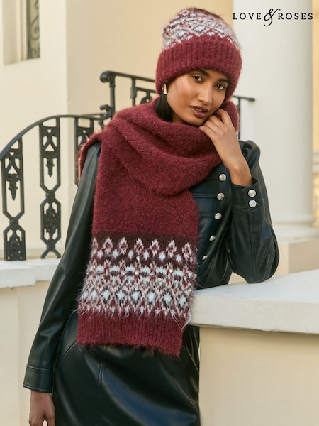 Burgundy Red - Love & Roses Fairisle Embelished Brushed Scarf