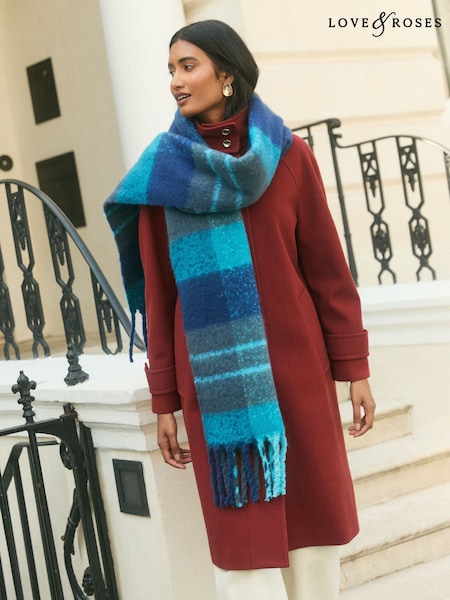 Teal Blue Check - Love & Roses Oversized Brushed Scarf
