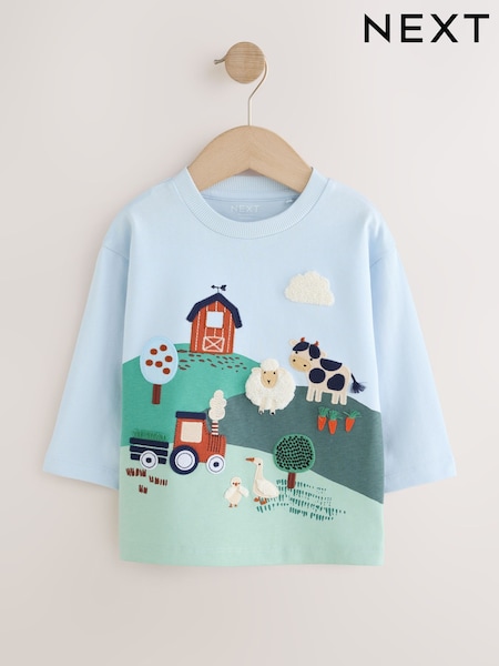 Escena de Granja Azul - Long Sleeve Appliqué T-shirt (3mths-7yrs)