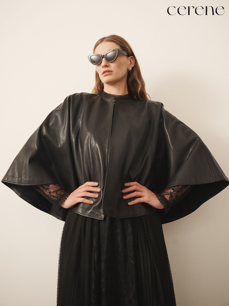 שחור - Cerene Real Leather Cape Jacket