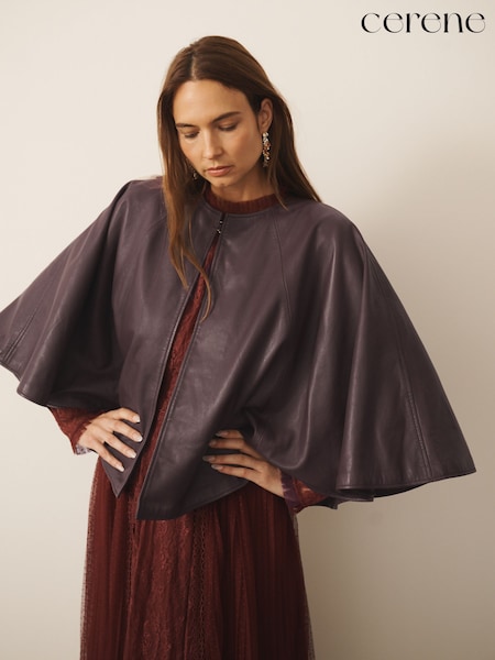 Burgundy Red - Cerene Real Leather Cape Jacket