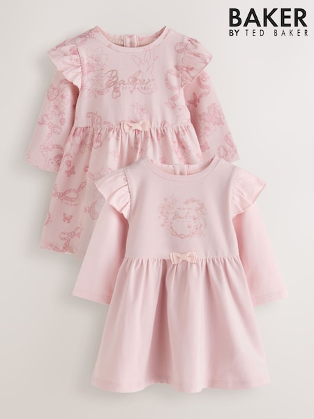 Pink - Baker By Ted Baker Frill Long Sleeve Jersey Dresses 2 Pack