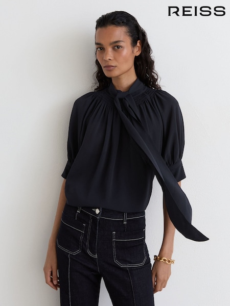 Navy - Reiss Lerina Tie-neck Short-sleeve Blouse