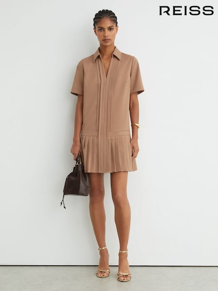 رمادي بني - Reiss Elena Pleated-skirt Collared Mini Dress