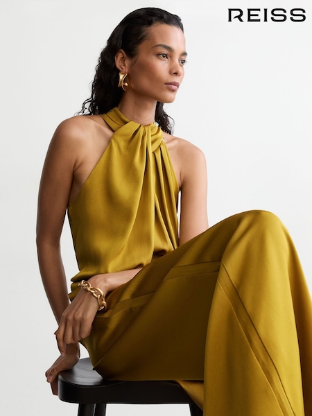 샤르트뢰즈 그린 - Reiss Finley Satin Draped Wide-leg Jumpsuit