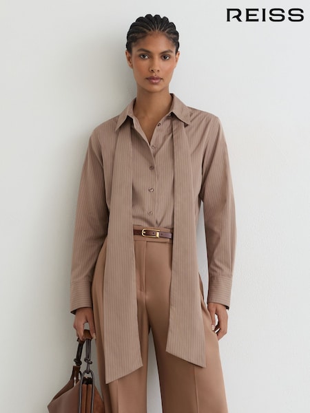Mocha Brown - Reiss Elowen Cotton Striped Tie-neck Shirt