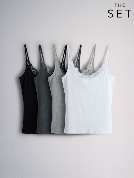 Gris/anthracite/noir/blanc - The Set lot de 4 gilets côtelés bordés de dentelle