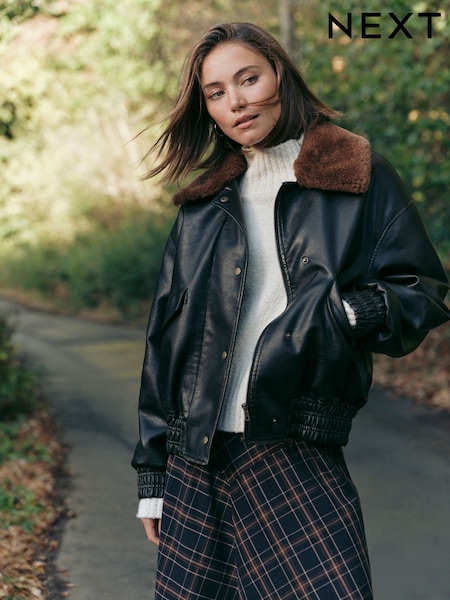 שחור - Faux Leather Shearling Collar Bomber Jacket