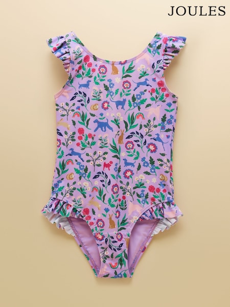 Lilac Dog Floral - Joules Girls' Splash Swimming Costume