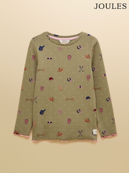 Khaki Green - Joules Girls' Odelia Long Sleeve Pointelle Top