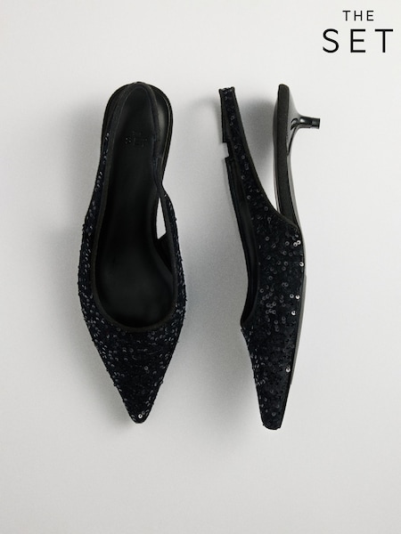 Black Sequin - The Set Kitten Heel Slingback Shoes