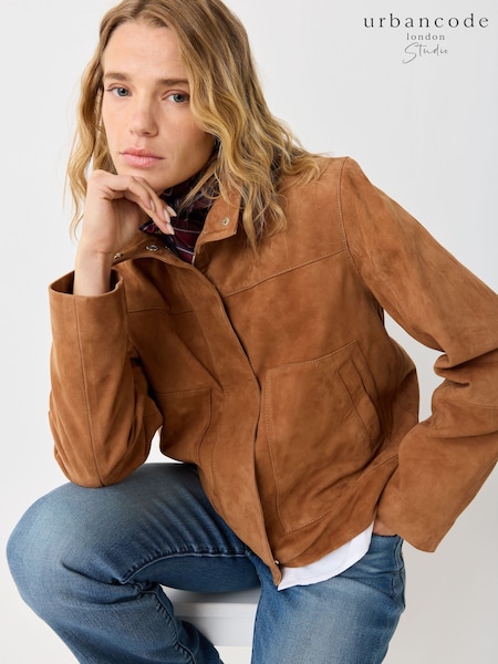 Brown - Urban Code Suede Funnel Neck Boxy Jacket