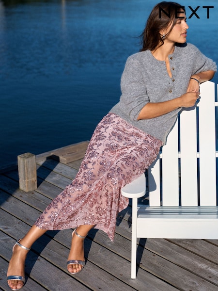 Pink - Sequin Floral Mesh Midi Skirt