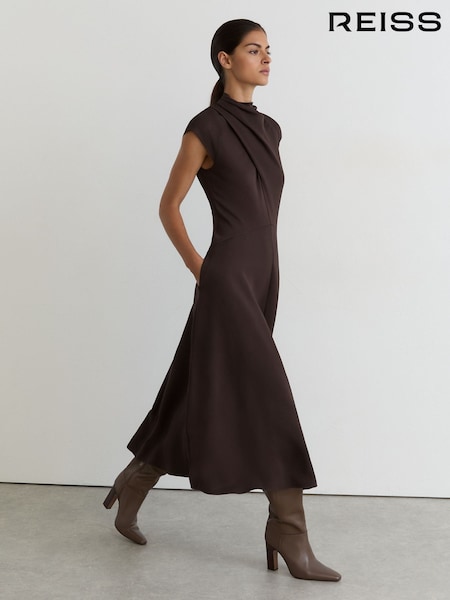 عنّابي - Reiss Alma Petite High-neck Pleat-detail Midi Dress