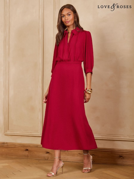 Czerwony - Love & Roses Zip Collar Plain Shirt Dress