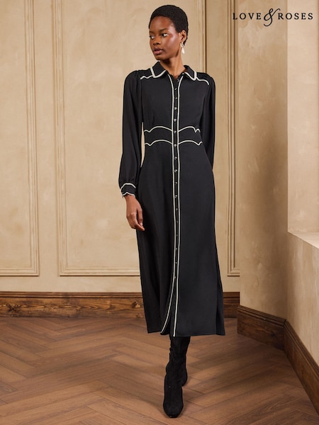 Black - Love & Roses Tipped Collared Button Down Midi Dress