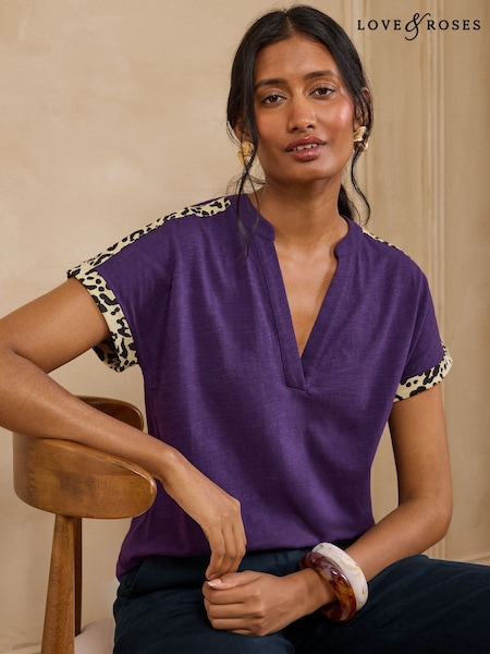 Purple - Love & Roses Tipped Notch Neck Top