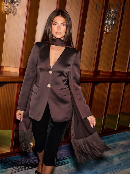 Chocolate Brown - Lipsy Satin Scarf Fringe Blazer