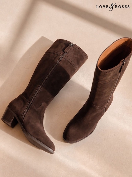 Chocolate Brown - Love & Roses Faux Suede High Leg Zipped Mid Heel Riding Boots