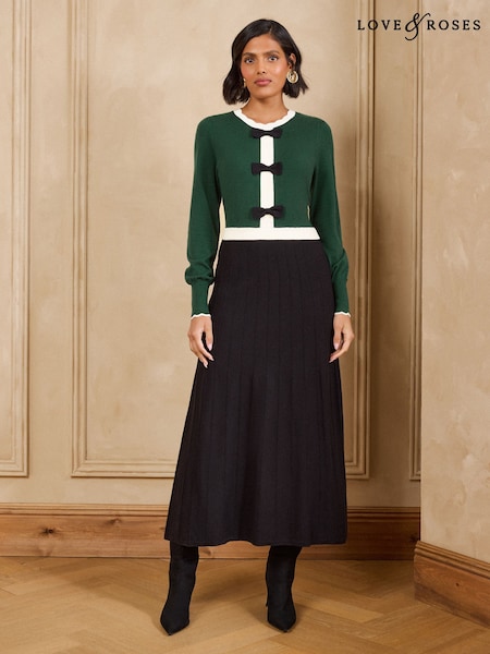 Green And Black - Love & Roses Bow Detail Crew Neck Knitted Midi Dress