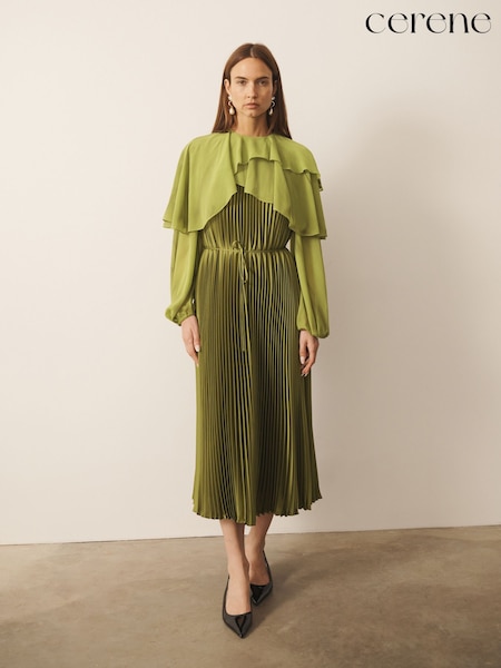 Vert - Cerene Long Sleeve Pleated Satin Midi Dress