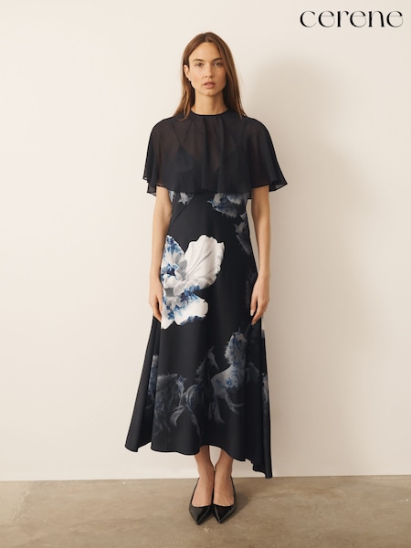 Black Elegance Floral Print - Cerene Satin Slip Dress With Detachable Sheer Cape