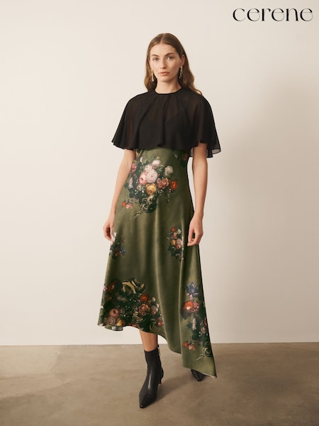 Green Majestic Floral Print - Cerene Satin Slip Dress With Detachable Sheer Cape