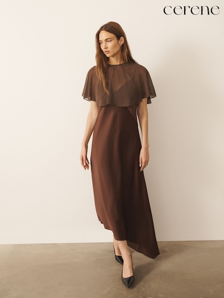 Marrón - Cerene Satin Slip Dress With Detachable Sheer Cape