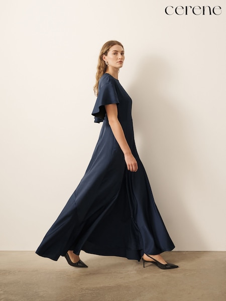 Navy - Cerene Angel Sleeves Satin Maxi Dress