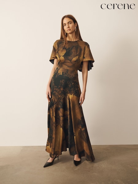 Gold Precious Floral Print - Cerene Angel Sleeves Satin Maxi Dress