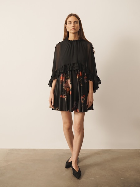 Black Majestic Floral Print - Cerene Detachable Cape Mini Dress