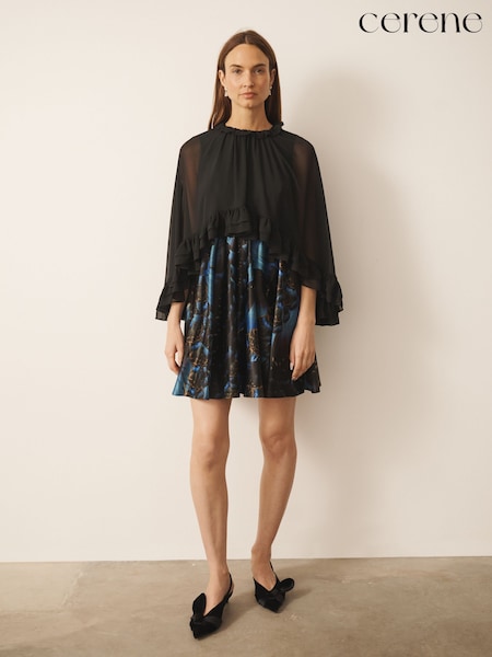 Black Butterfly Freedom Print - Cerene Detachable Cape Mini Dress