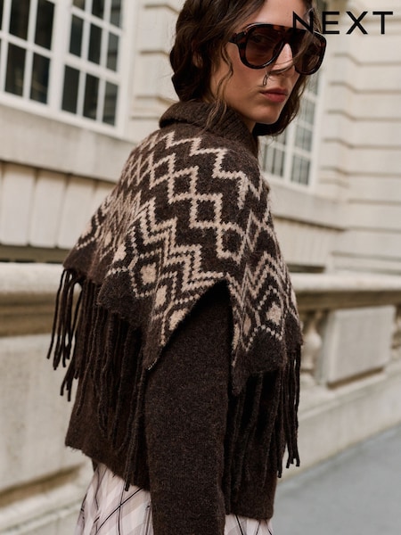 Chocolate Brown Fairisle - Knitted Roll Neck Fringe Detail Mock Layer Jumper