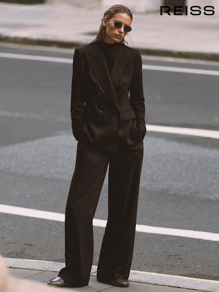 Chocolate Brown - Reiss Dawson Wool-blend Herringbone Wide-leg Trousers