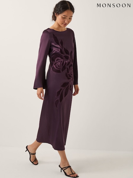 Monsoon Purple Callie Floral Satin Long Sleeve Midi Dress (G47566) | R$ 1.580