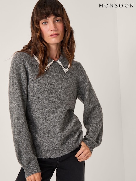 Monsoon Grey Caryn Embellished Collar Jumper (G47576) | €95