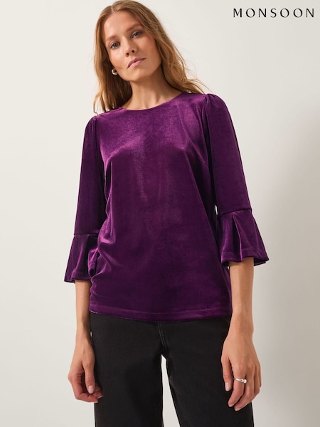 Monsoon Purple Valerie Frill Sleeve Stretch Jersey Top (G47593) | €50