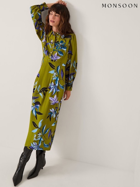 Monsoon Green Sonya Floral Print Midi Dress (G47595) | €114