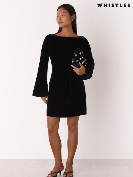 Whistles Black Petite Velvet Flare Sleeve Dress (G47631) | €203