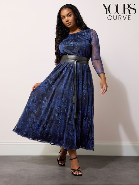 Yours Curve Blue London Animal Print Mesh Maxi Dress With Belt (G47651) | AED367
