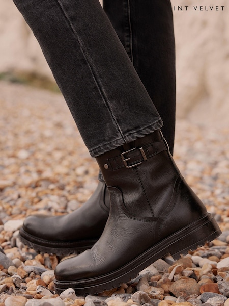 Mint Velvet Black Gia Leather Ankle Biker Boots (G47941) | €204