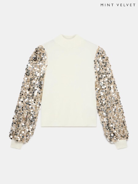 Mint Velvet White Sequin Sleeve Jumper (G47957) | 544 QAR