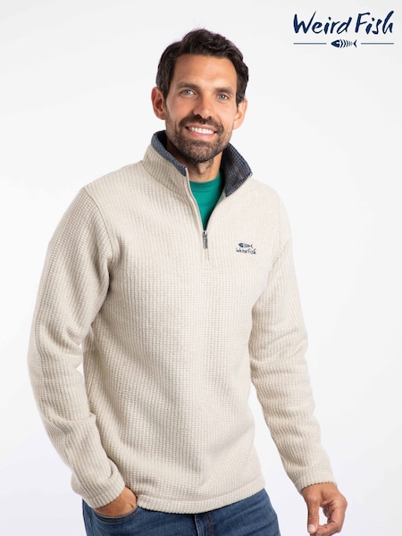 Weird Fish Cream Newark Quarter  Zip Grid Fleece (G47978) | AED349