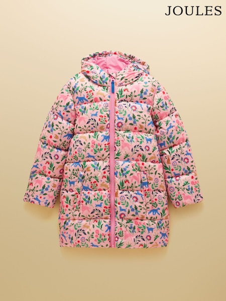 Pink - Joules Girls' Long Cairn Showerproof Padded Coat