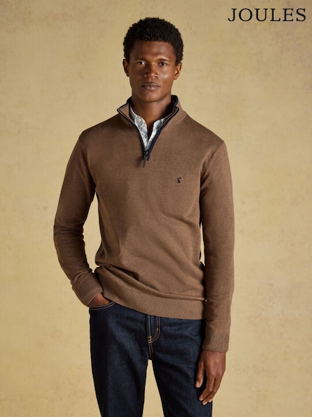 חום - Regular Joules Hillside Quarter Zip Knitted Jumper