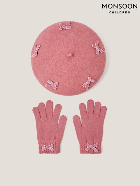 Monsoon Pink Bow Beret & Gloves Set (G48255) | €28 - €29